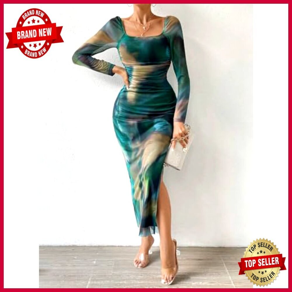 Off Shoulder Maxi Dress Long Sleeve Bodycon Ruched Mesh Elegant Formal - Picture 7 of 7